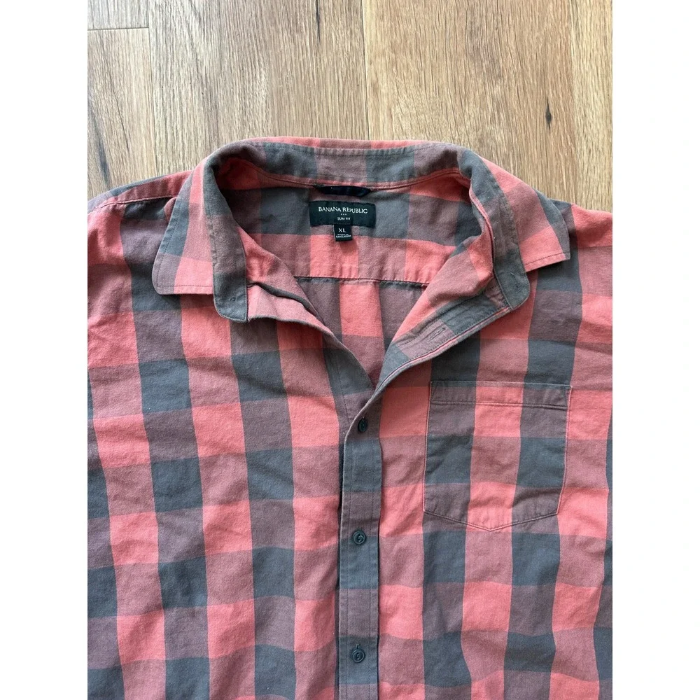 Banana Republic Mens Slim Fit Buffalo Plaid Button Down Shirt‎ XL Red Grey